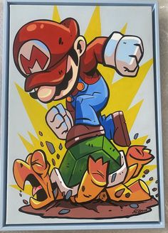 a painting of mario running through a pile of rubble