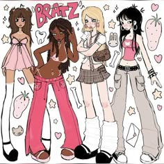 three girls standing next to each other with the words bratz on their chests