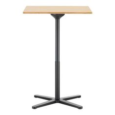 a square table with two black legs and a wooden top on an isolated white background