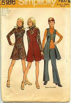 three women's coats and dresses in different styles, from the 1960s to 1970