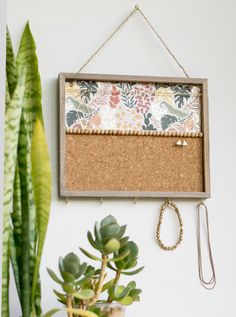 a cork board hanging on the wall next to a potted plant and necklace holder