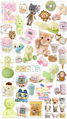 many different types of stuffed animals on a grid