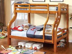 a wooden bunk bed sitting on top of a hard wood floor