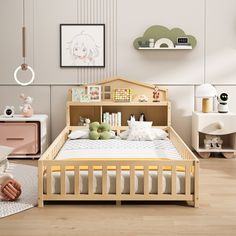 a child's bedroom with a wooden bed and toys on the floor in front of it