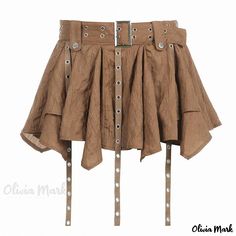 Olivia Mark - Womens Low-Rise Waist Belted Skirt with Asymmetric Hemline and Cascading Pleats Belted Midi Skirt, Brown Mini Skirt, Short Pollera, Outfit Retro, Belted Mini Skirt, Ribbon Skirts, Skirts Midi High Waisted, Short Cardigan, Irregular Hem