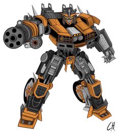 an orange and black robot that is standing up