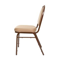 a wooden chair with a beige seat and back cushion on it's side, against a white background