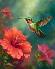 a painting of a hummingbird flying over pink flowers on a green and red background