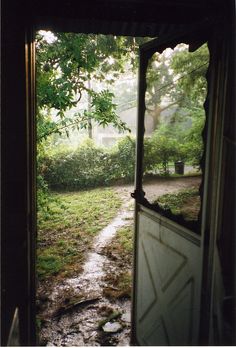 an open door leading into a yard with trees