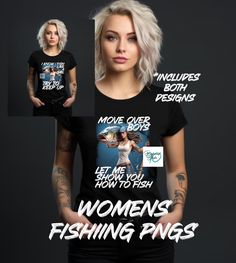 a woman wearing a t - shirt with the words women's fishing rings on it