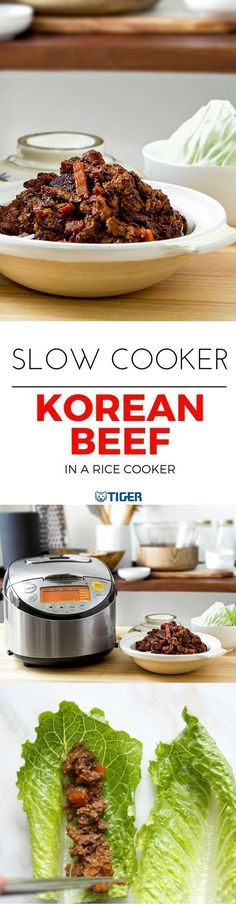 slow cooker korean beef with lettuce leaves in the foreground and on the background