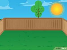 an empty backyard with green grass and blue sky in the back ground, as well as a wooden fence