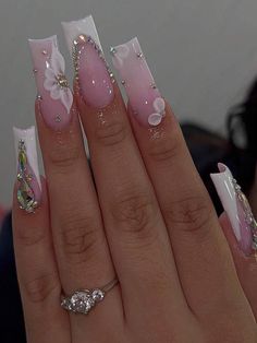 Square Nail Designs French Tip, Sweet 16 Nails Pink, Quince Nail Ideas, Princess Nails Acrylic, Princess Pink Nails, Sweet 16 Birthday Nails, Nails Acrylic Birthday, Sweet Sixteen Nails, Purple Quince Nails