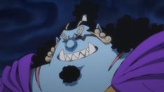 an animated character with large teeth and purple hair