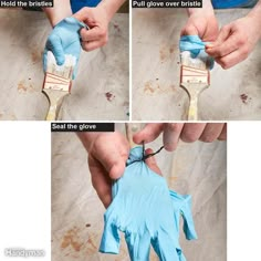 four pictures showing how to use a paint brush and glove for painting the walls or ceiling