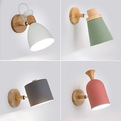 four different types of wall lights with wooden arms and lampshades on each side