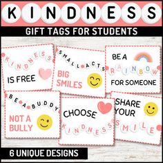 four different kind of stickers with the words kindness, smile and love on them