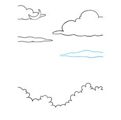 a drawing of clouds and birds flying in the sky