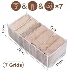 the 7 grids hanging storage bag for baby clothes and diapers is shown with measurements