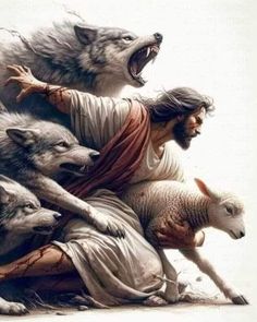 an image of jesus with wolfs and sheep