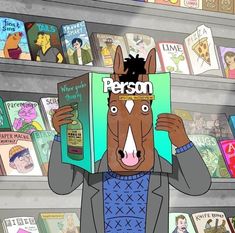 a cartoon character holding up a book in front of his face while standing next to bookshelves