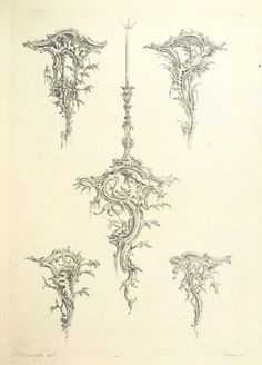 four different types of ornate designs on paper with pen and ink drawing technique, including an ornamental design