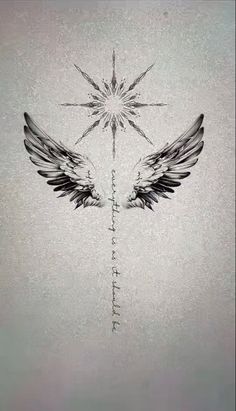 an artistic drawing of a star and two wings with the word love written on it