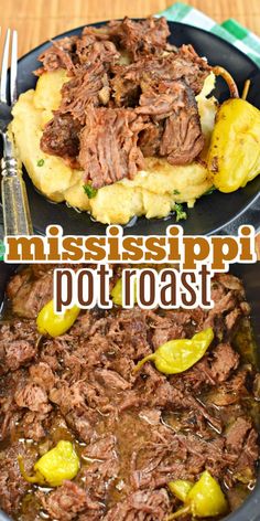 two plates with food on them and the words mississippi pot roast in front of them