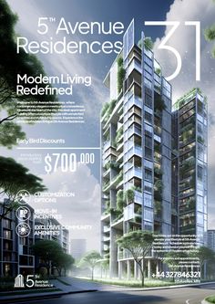 an advertisement for the 5th avenue residence project, with trees and buildings in the background