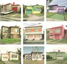 multiple pictures of different colored houses on the same street