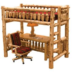 a wooden bunk bed with desk and chair in front of it on an isolated white background