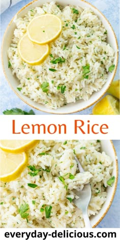 lemon rice in a white bowl with two slices of lemon on top and the other side