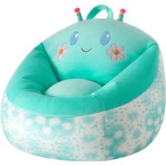 a blue and white bean bag chair with flowers on the front, arms and legs