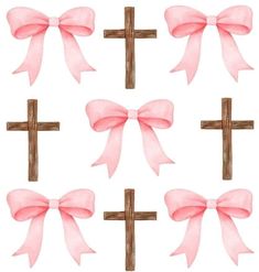 four crosses with pink bows are shown in this image, and the cross is made out of wood