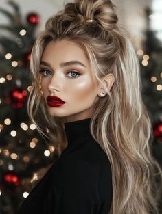 Holiday Hair Updos, Christmas Party Hair And Makeup, Hairstyles For Long Hair For Party, Hairstyle For Christmas Party, Holiday Updos Christmas Party Hair, Hairstyles For Turtlenecks, Hairstyles Christmas Party, Christmas Party Hairstyles Long, Holiday Party Makeup Looks