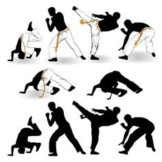 the silhouettes of karate players are shown in different poses and positions, including one kicking another