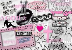 a collage of pink and black stickers, decals, and other items