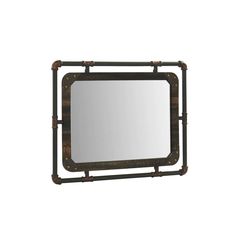 a mirror that is made out of metal pipes and has a bamboo frame around it