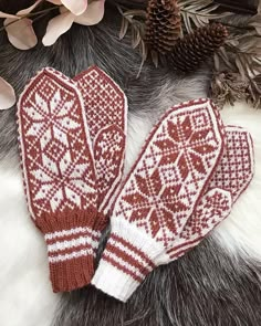 two knit mittens sitting on top of a fur rug next to flowers and pine cones