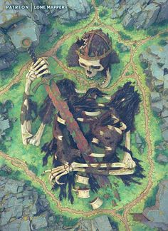 a painting of a skeleton sitting on top of a green field with two hands in the air