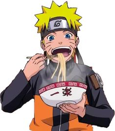 naruto eating noodles with chopsticks in his mouth