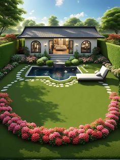 an artist's rendering of a house with a pool in the middle and landscaping around it