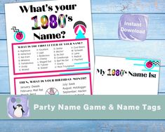 party name game and name tags for the 80th birthday boy or girl with penguin