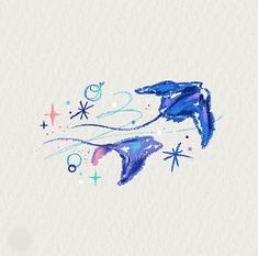 an artistic drawing of a dolphin swimming in the ocean with stars and bubbles around it