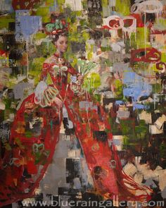 an abstract painting of a woman in red and green with lots of other things around her