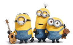 three minion characters are standing next to each other and one is holding a guitar