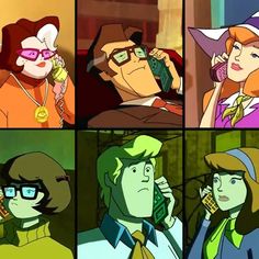 cartoon characters are talking on cell phones in the same room as one person with glasses