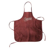 a red apron with the word cowboy on it and an embroidered logo in white letters