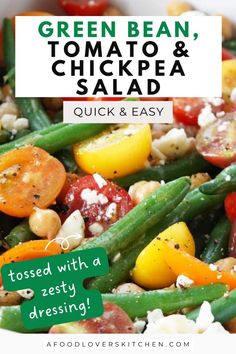 green bean, tomato and chickpea salad in a white bowl with text overlay