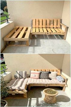 two pictures of a couch made out of wooden pallets and some pillows on it